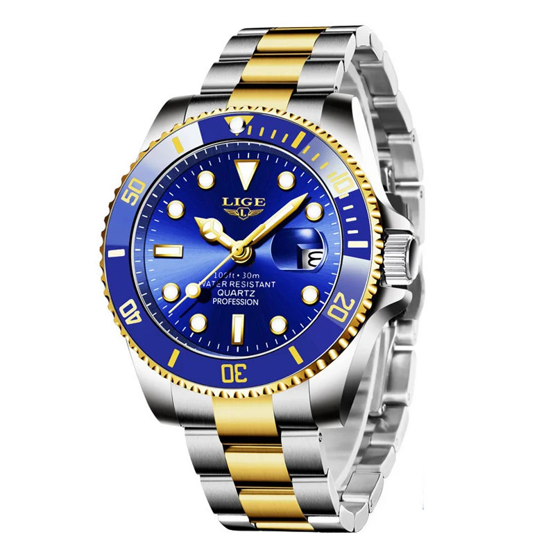 LIGE Business Men Watches Auto Date Quartz Watch Mens Stainless Steel Military M