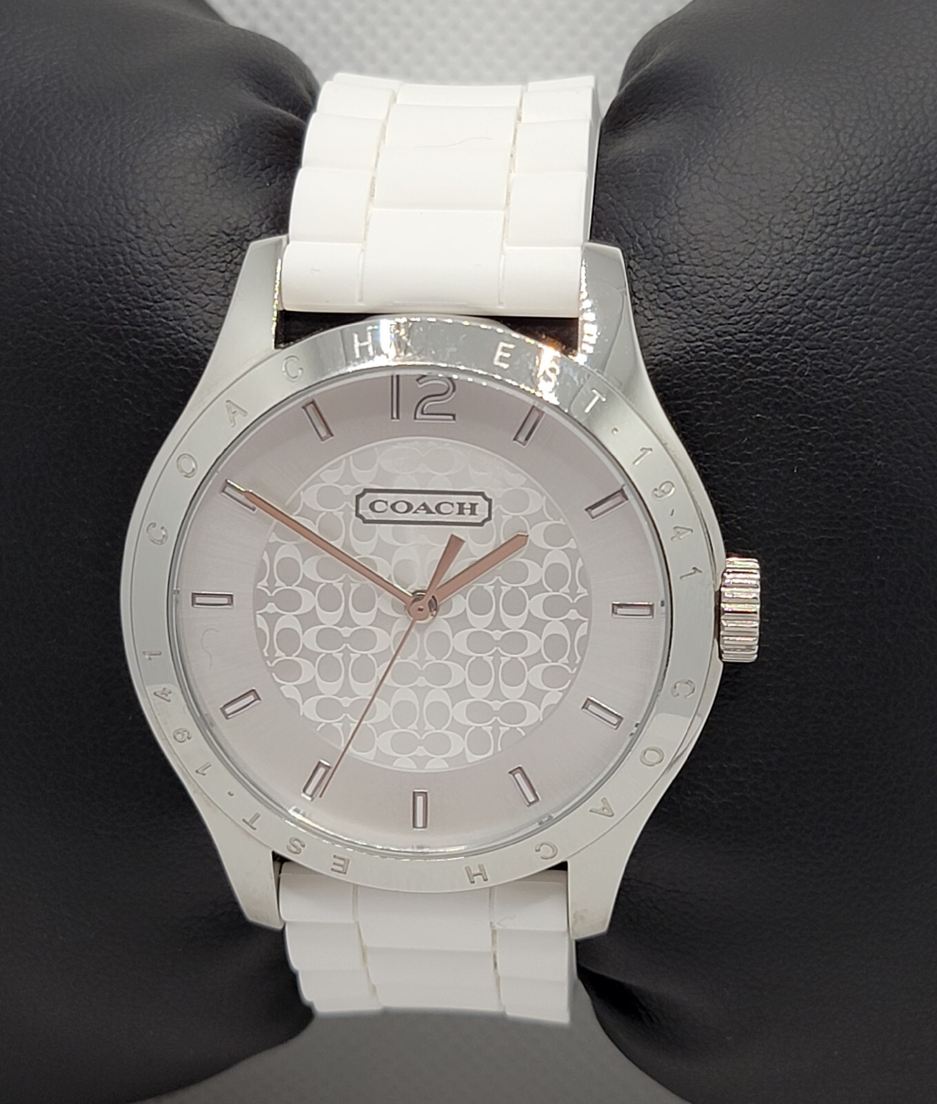 Ladies Coach Round Silver Tone White Logo Dial Silicone Band Analog Watch I2