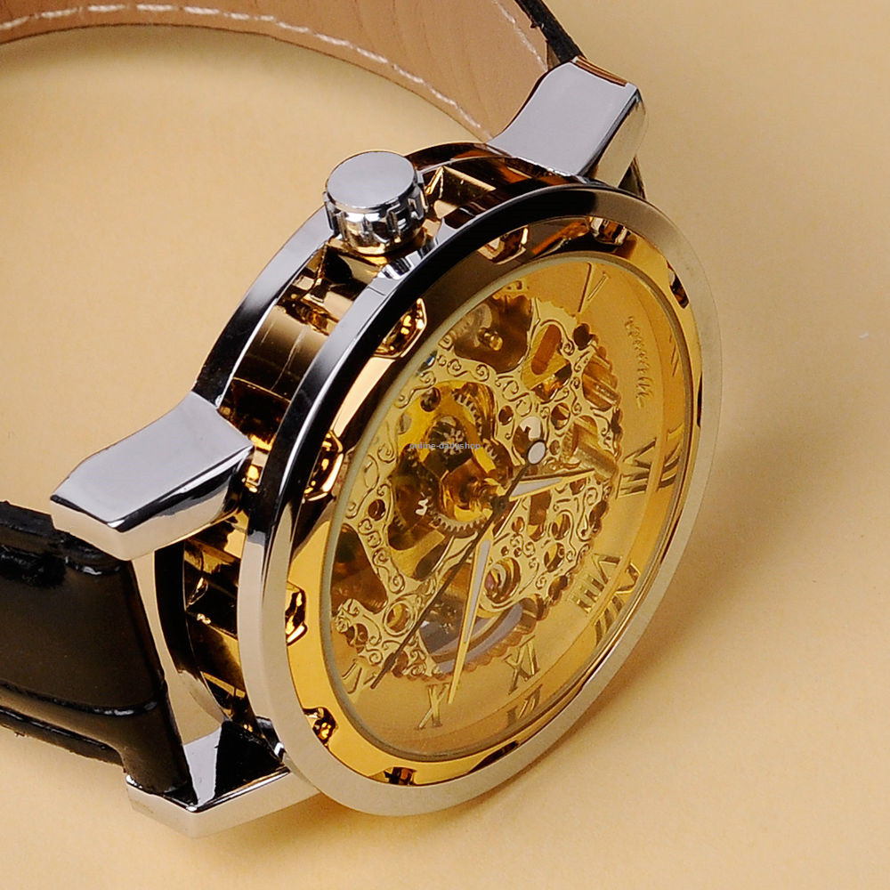 Men Classic Transparent Steampunk Skeleton Mechanical Stainless Steel Watch New