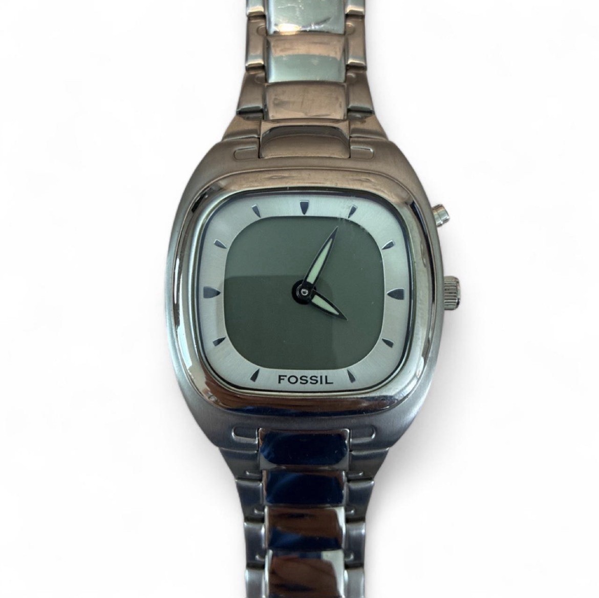 Fossil Womens Quartz Analog Cushion Watch Silver Steel Bracelet Gray Dial