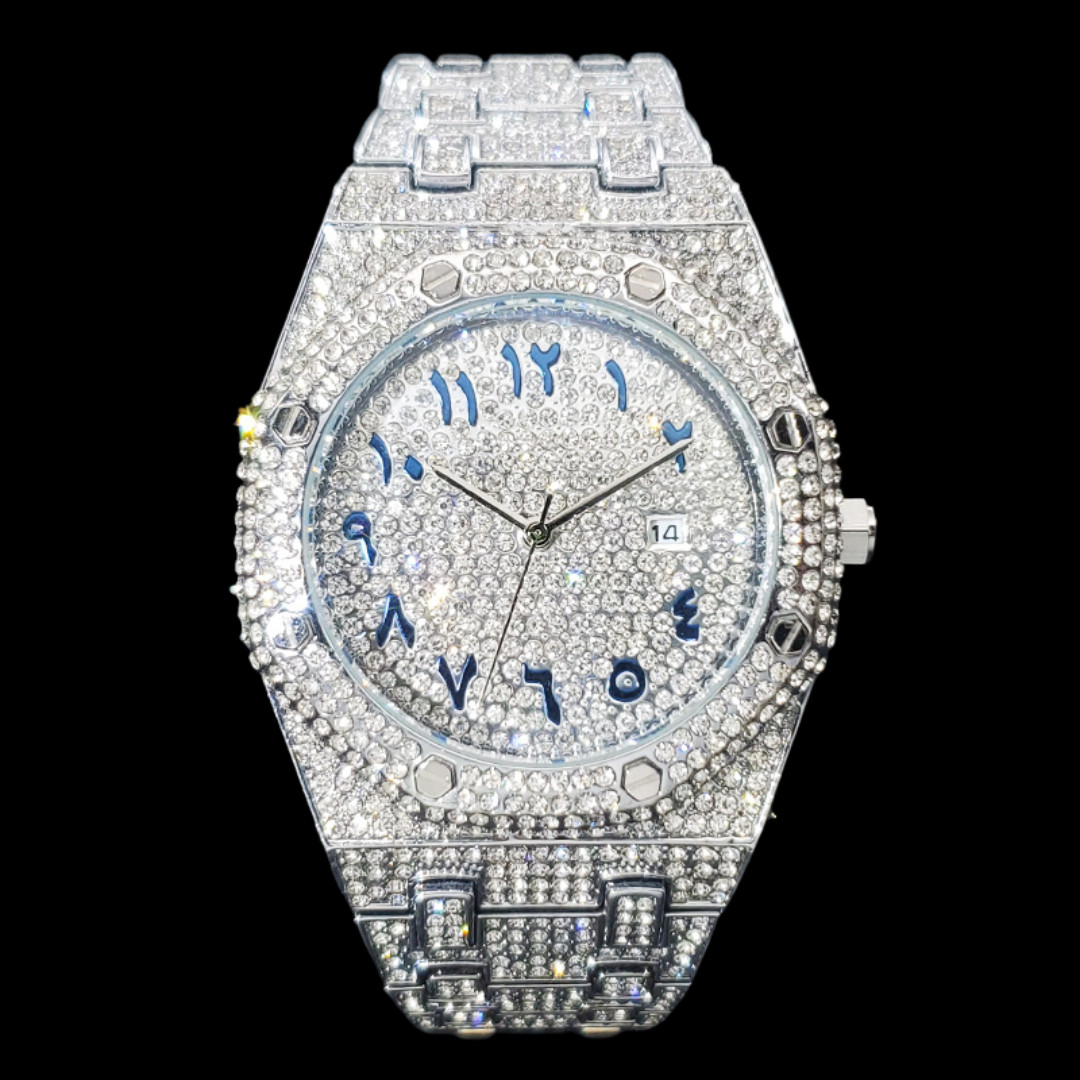 Bust Down Date Arabic Numerals VVS Iced Out Diamond Watch, Big Mens Watch