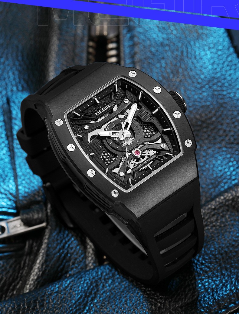 MEGIR Men’s Automatic Watch – Stainless Steel, Silicone Strap, Waterproof,