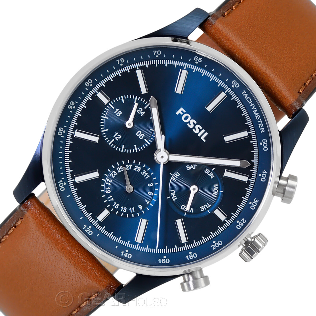 FOSSIL Sullivan Mens Multifunction Watch, Blue Dial Day Date Brown Leather Band