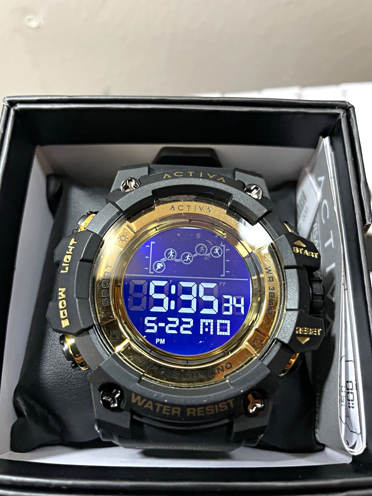 Activa Sport Chrono Men’s Digital LCD Chronograph Watch Black/Gold 30m Box