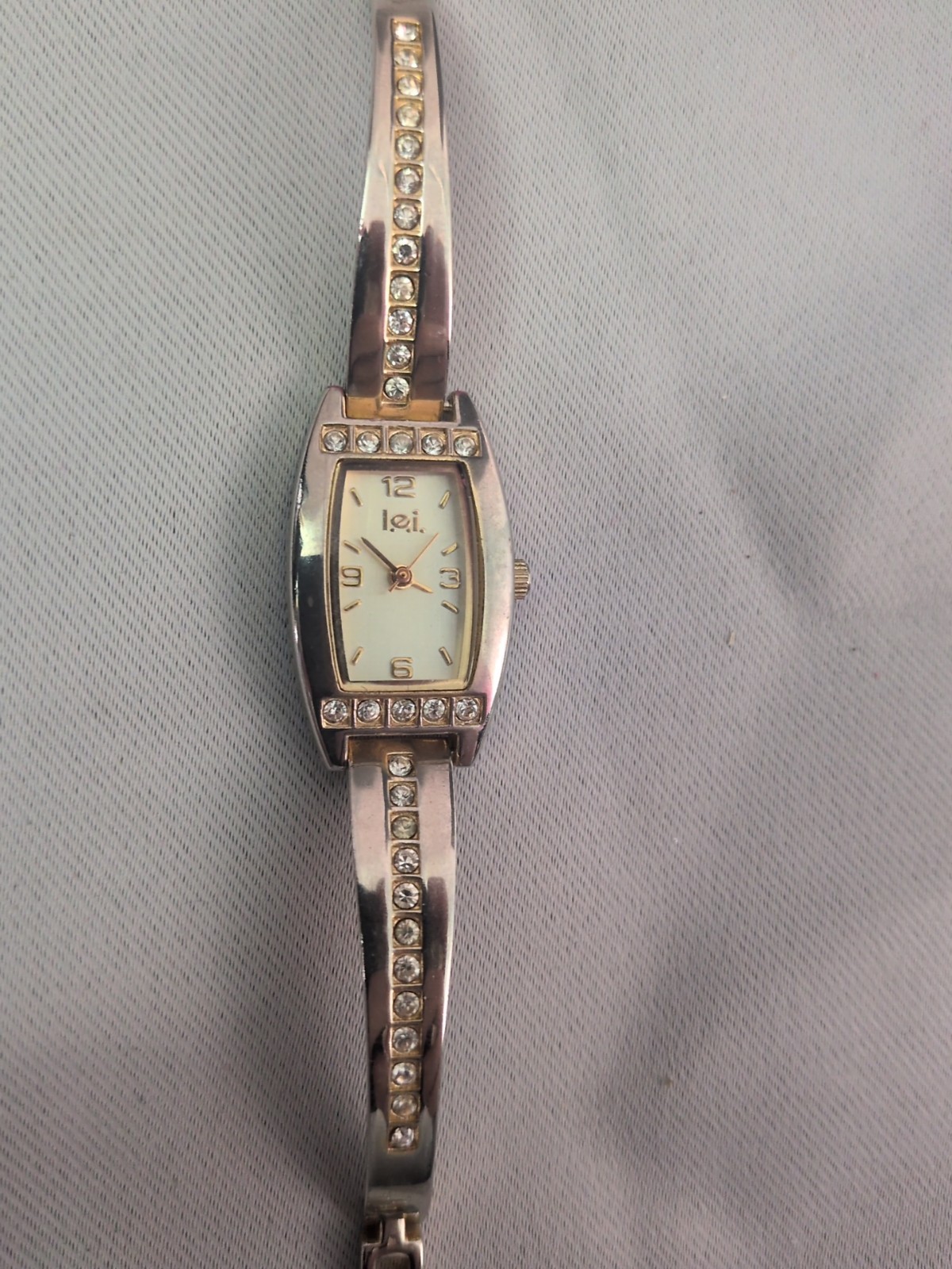 Vintage LEI Women’s Square Gold Silver Watch w/ Rhinestones, Jewelry Clasp