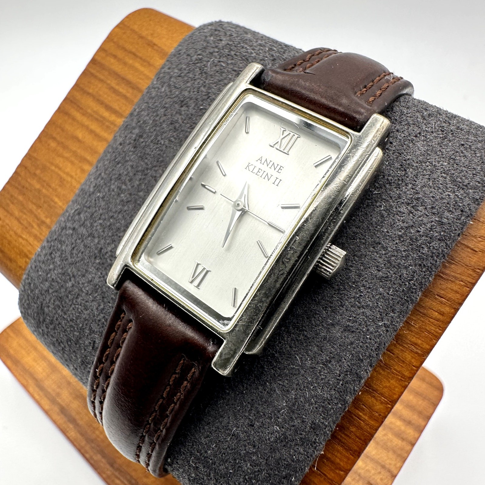 Anne Klein II Rectangular Silver Dial Brown Leather Quartz Watch