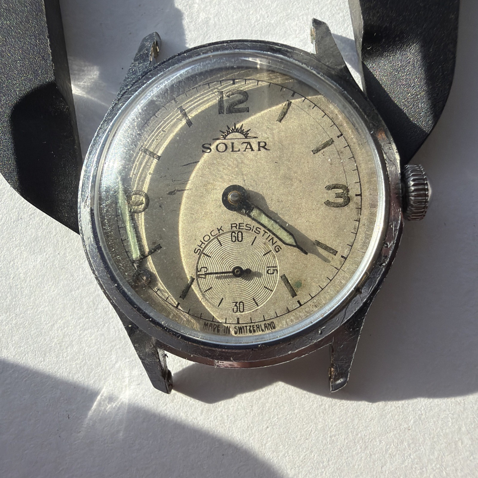 AV14 VTG Mechanical Wind Solar Mens Watch 29mm+Crown Hand Fell Off Running As Is