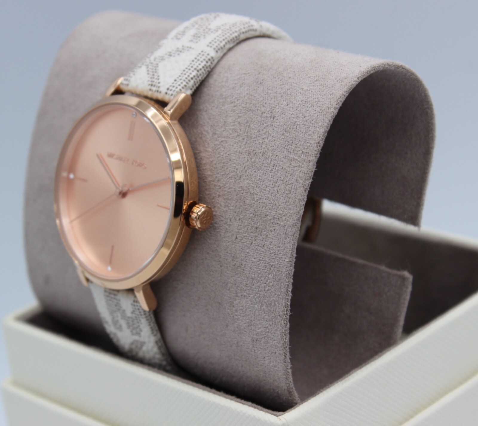 NEW AUTHENTIC MICHAEL KORS JAYNE VANILLA WHITE ROSE GOLD PVC WOMENS MK7128 WATCH