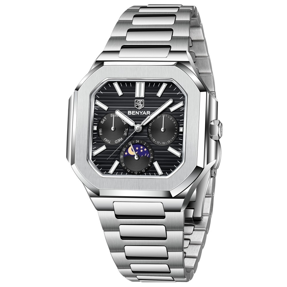 Men’s Quartz Watch Moonphase Hardlex Crystal Luminous Waterproof Stainless Steel