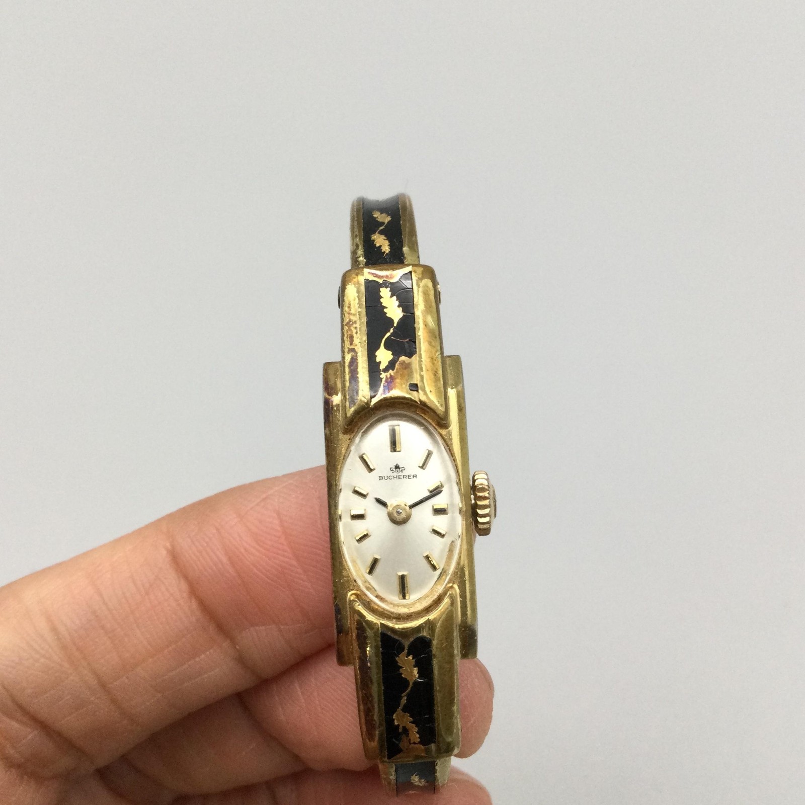 Vintage Bucherer Womens Watch 11mm Painted Enamel Gold Tone Bangle Manual Wind