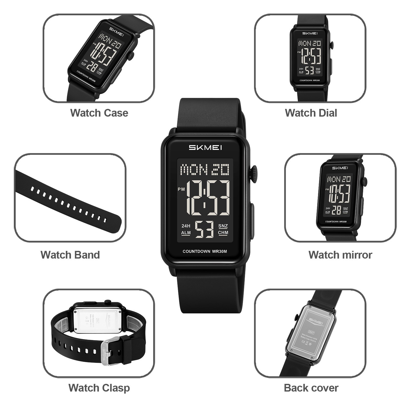 SKMEI Men Rectangle Watch LED Countdown Wristwatch Boys Girl Digital Sport Watch