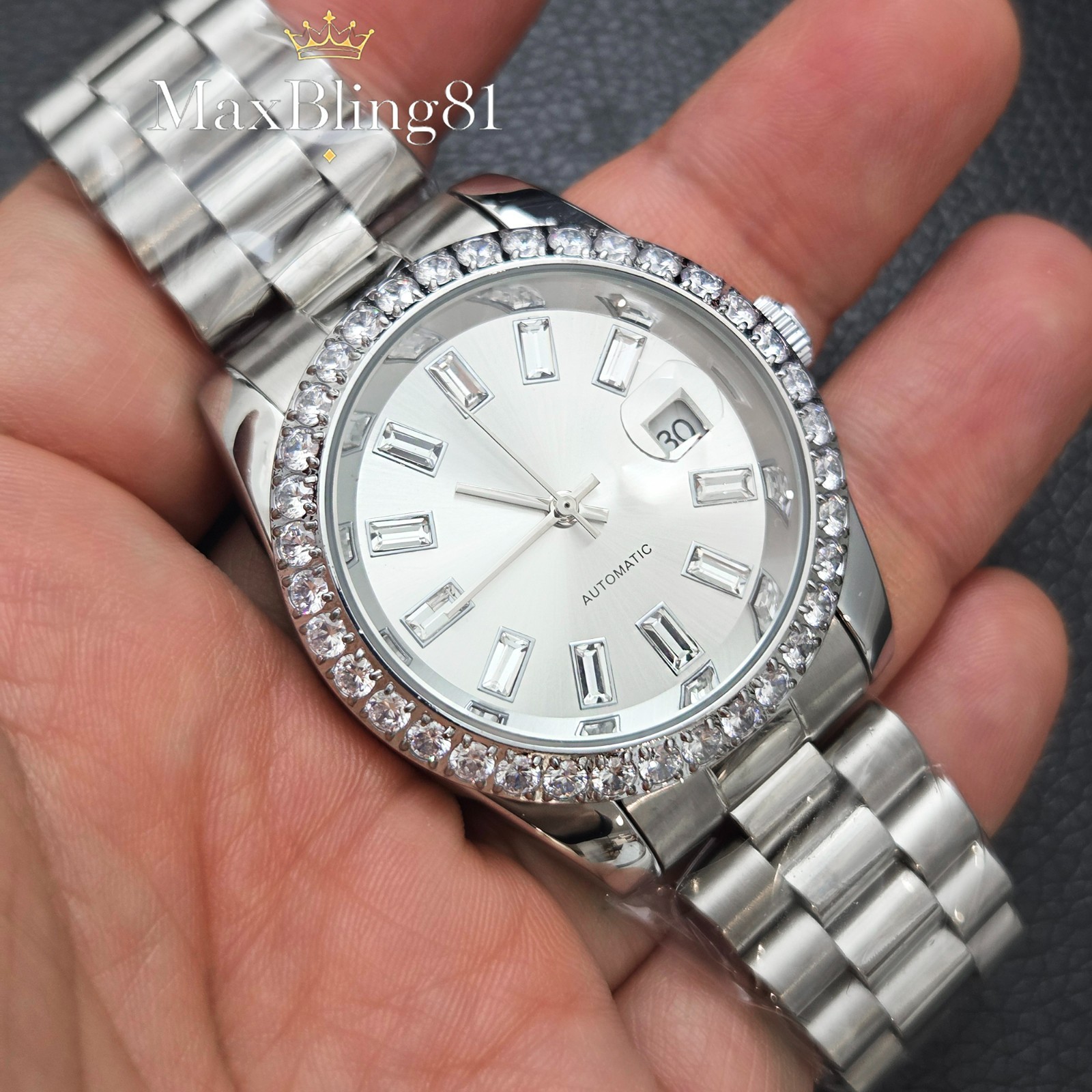Stainless Steel Men’s Watch Iced Full Luxury Elegant Automatic Calendar Bling