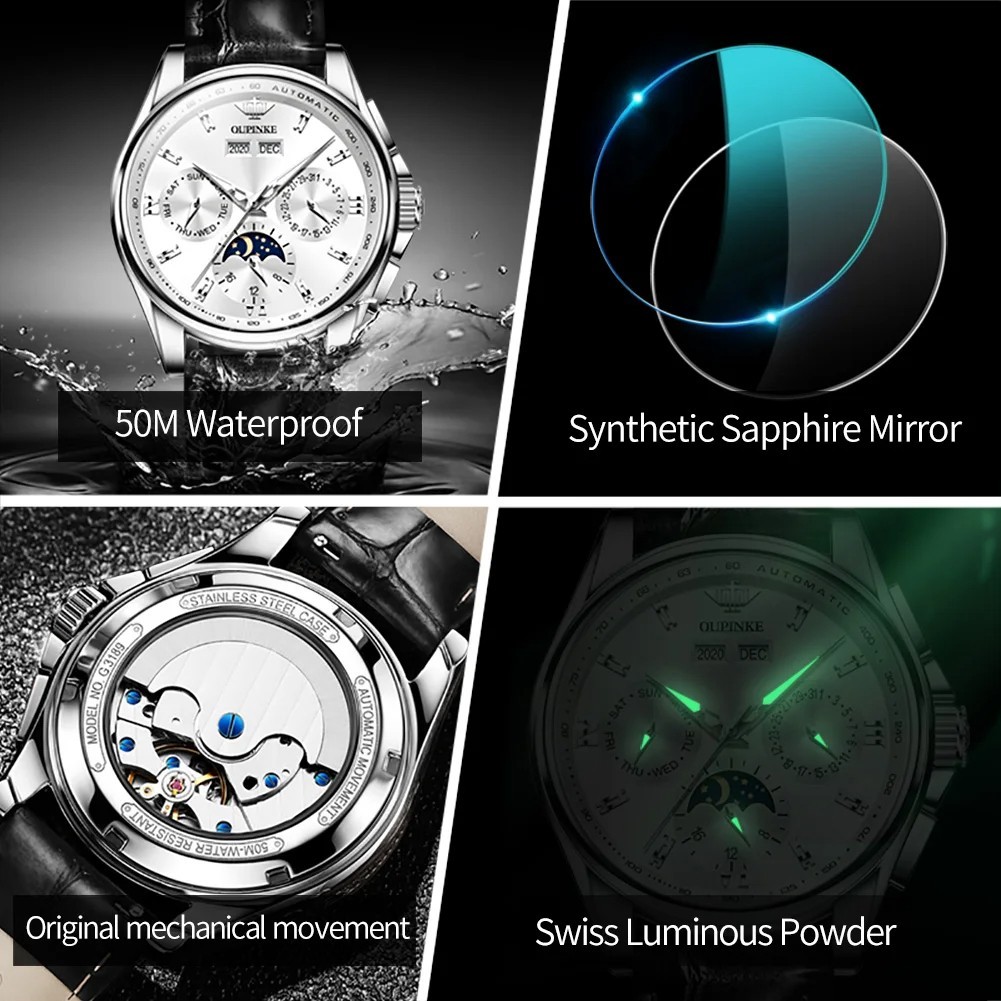 Automatic Mechanical Watch Waterproof Moon Phase Luxury Dial Men Men’s Strap