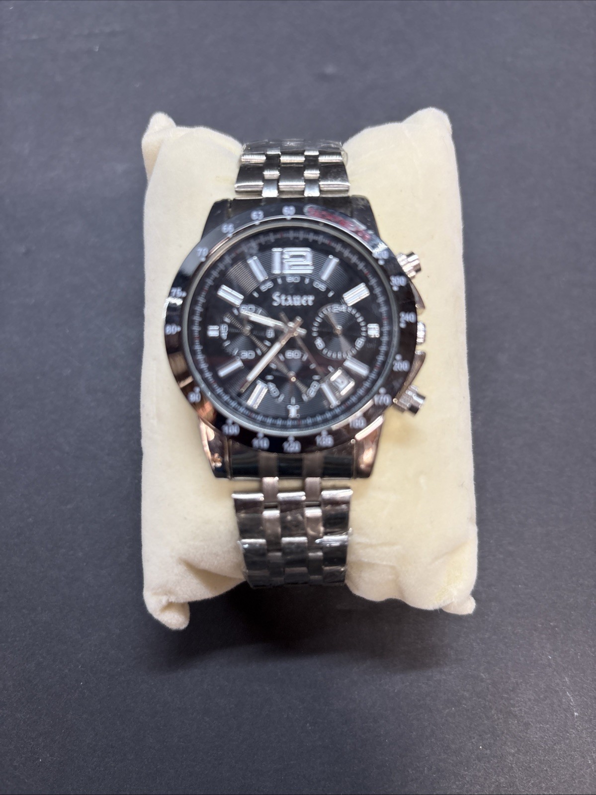 Stauer Jet-Setter Chronograph Black Dial Tachymeter Mens Wristwatch