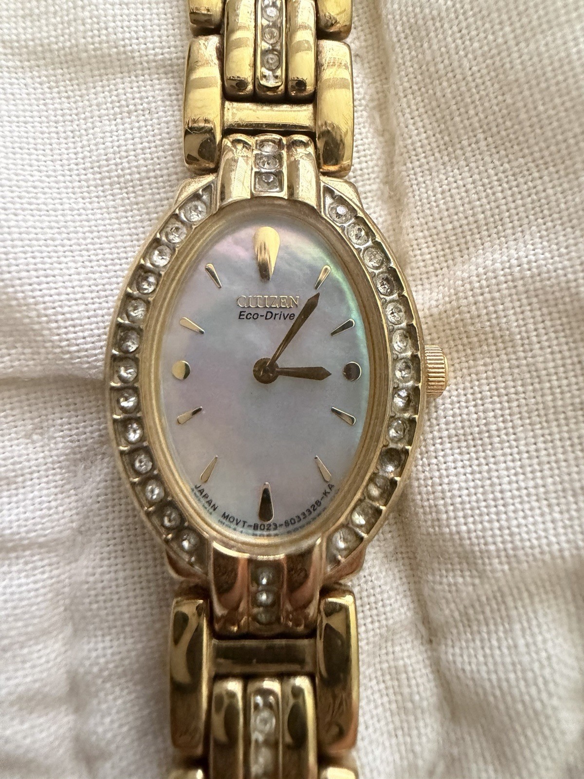 Citizen Eco-Drive Women’s Gold Tone Oval MOP Dial Gem-Set Bezel Bracelet