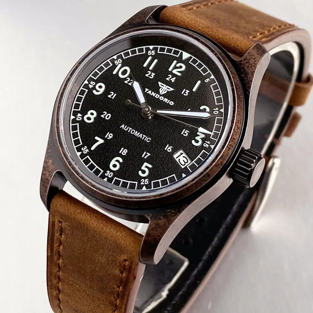 Tandorio 36mm Copper Plating Pilot Vintage Men Watches For Japan NH35 20ATM
