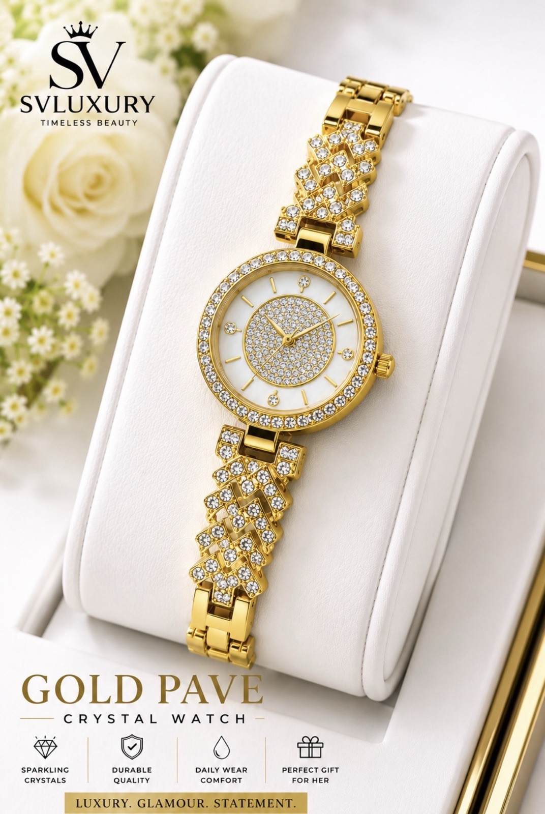 Women’s Crystal Quartz Bracelet Watch –– Elegant Fashion Wristwatch Gift for Her