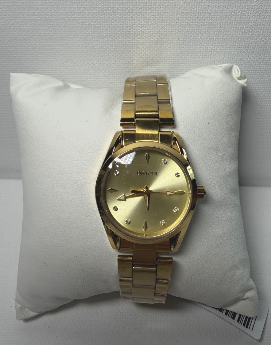 Invicta Gold Analog Wristwatch Gemstone Markers Metal Bracelet Original Box