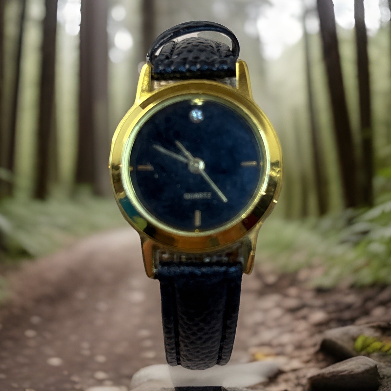 Skc Gold Tone Quartz Watch Black Dial Diamond Accent Black Leather Strap