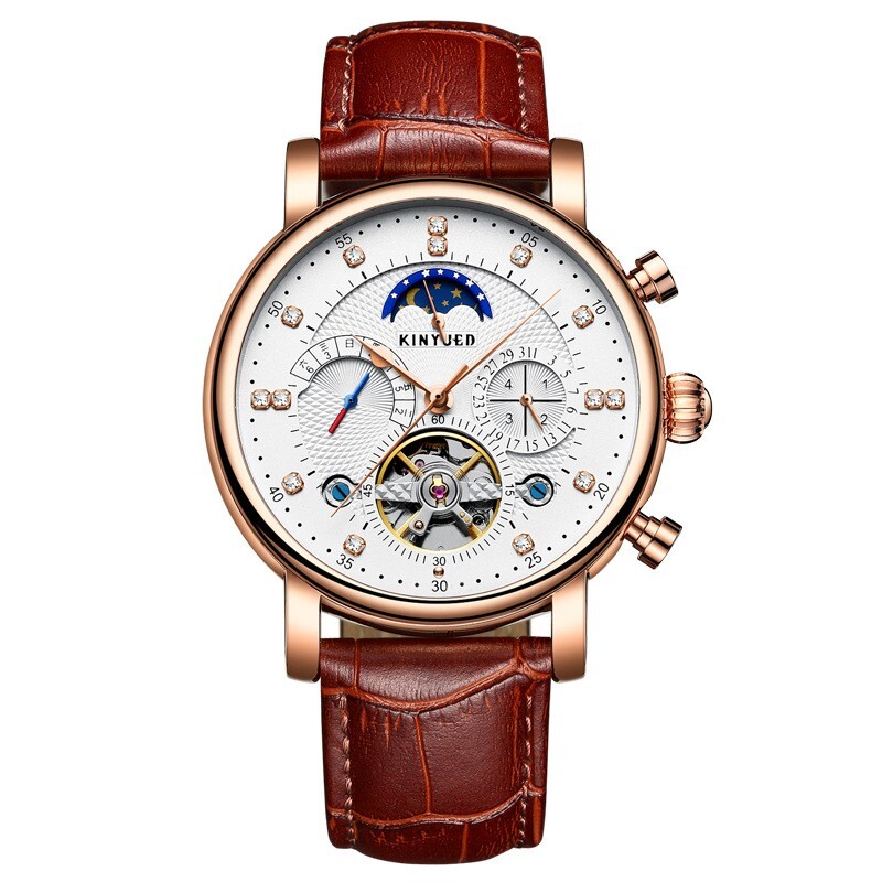 Mens Automatic Mechanical Watch Date Day Rose Gold White Brown Leather Strap