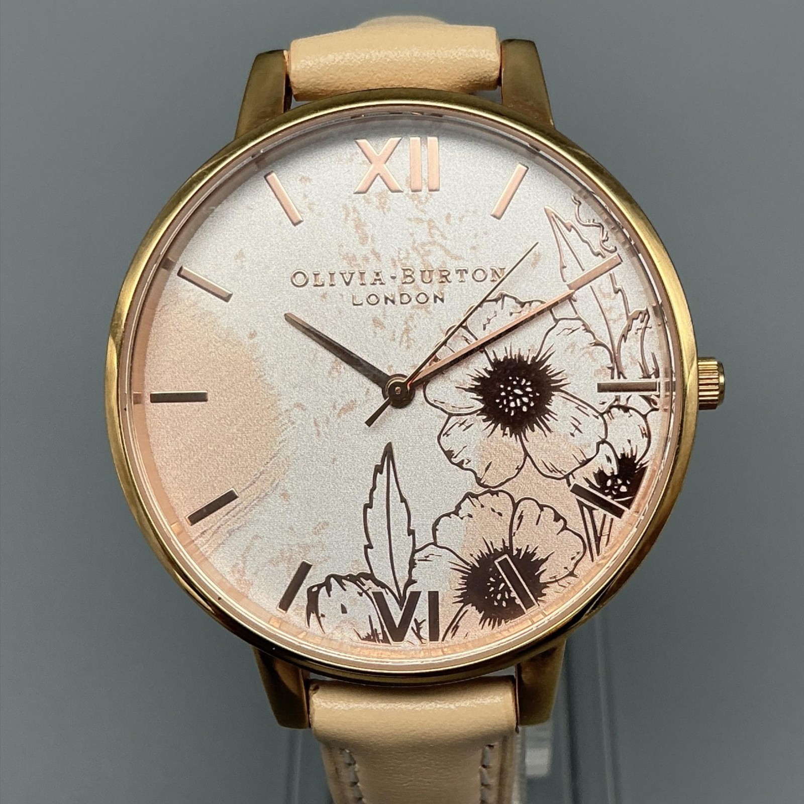 Olivia Burton Womens Watch 38mm Pink Floral Dial Beige Leather New Battery