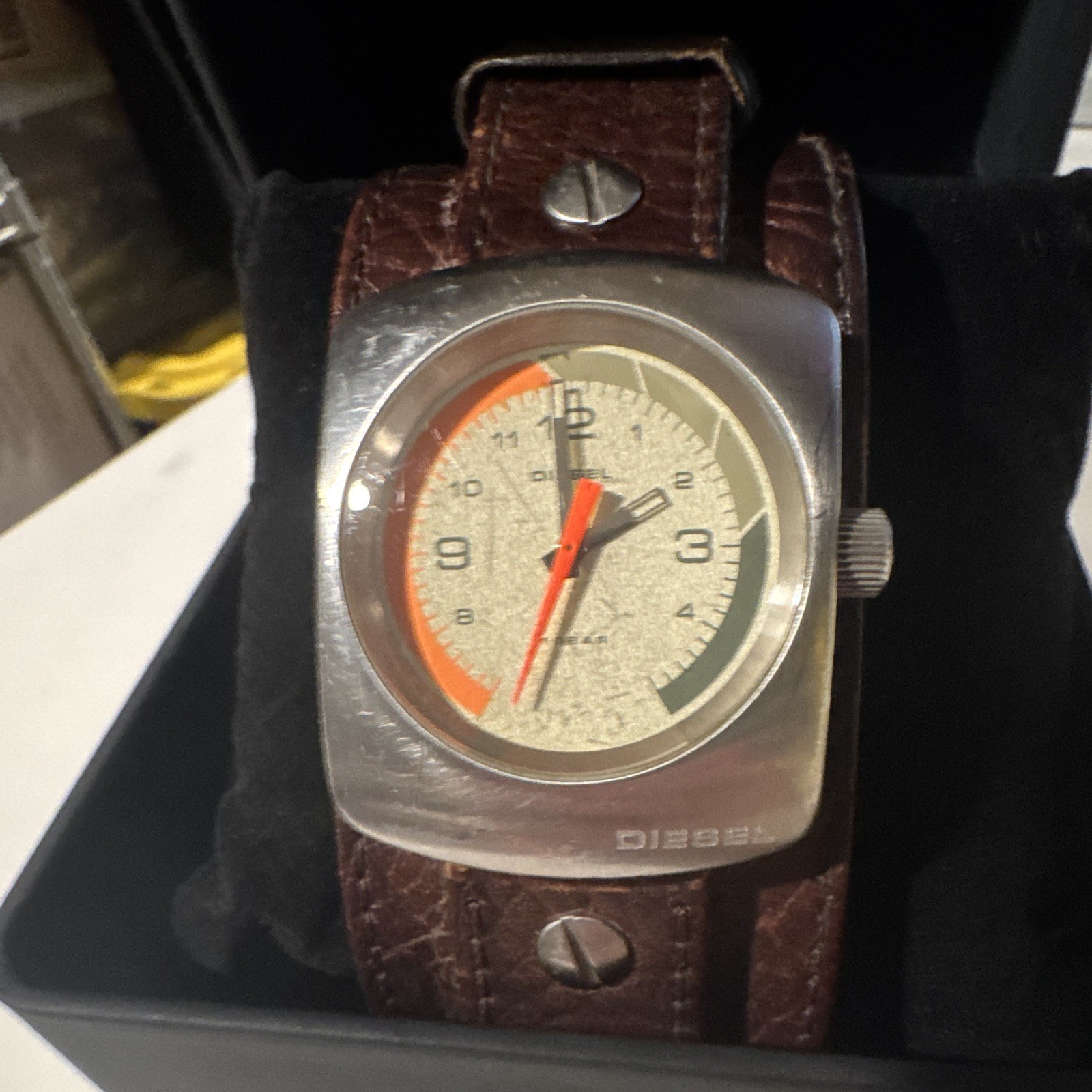 Diesel Quartz Analog Square Silver Case Brown Leather Strap Gray/Orange Dial Box