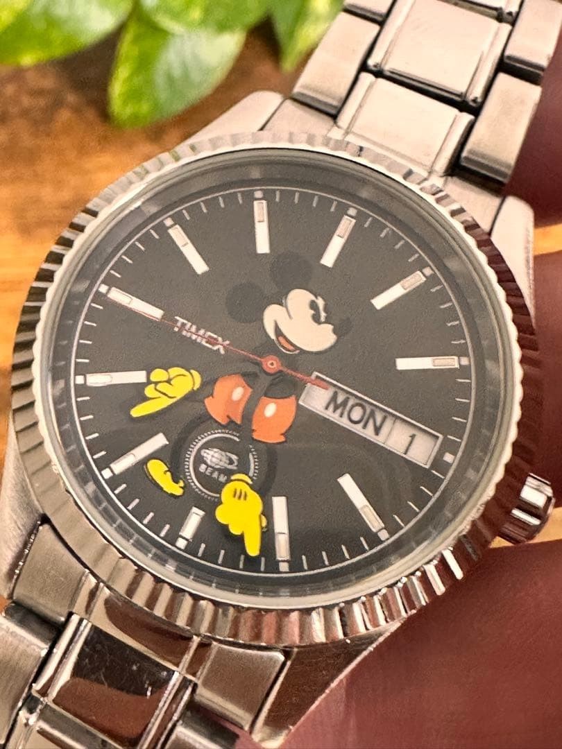 BEAMS × TIMEX Mickey Mouse Wristwatch Black/Silver Anime Manga from Japan Used