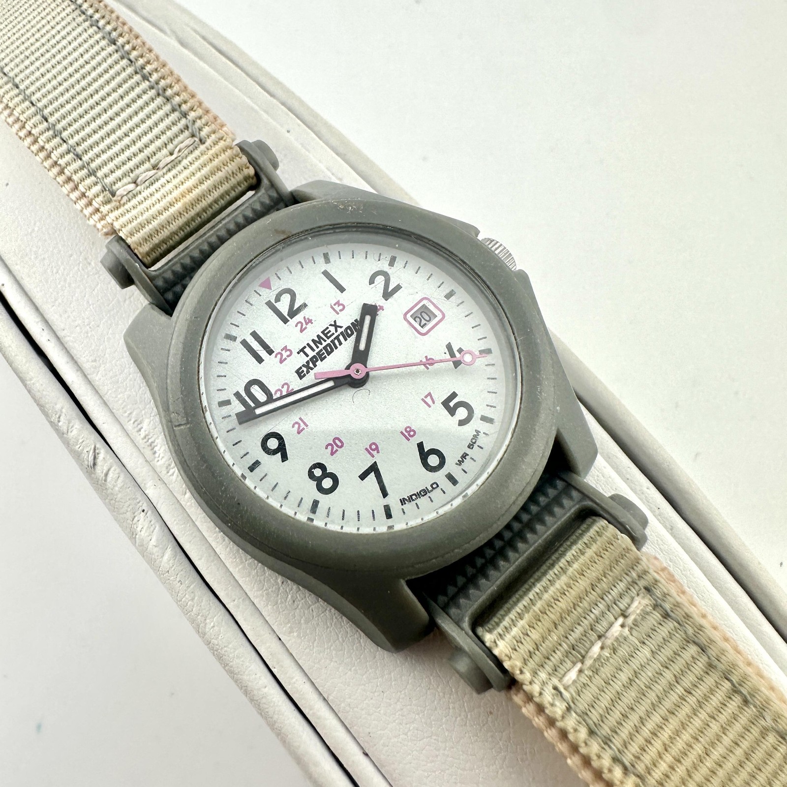 Timex Womens Watch 33mm White Dial Gray Case Beige Nylon Expedition 957