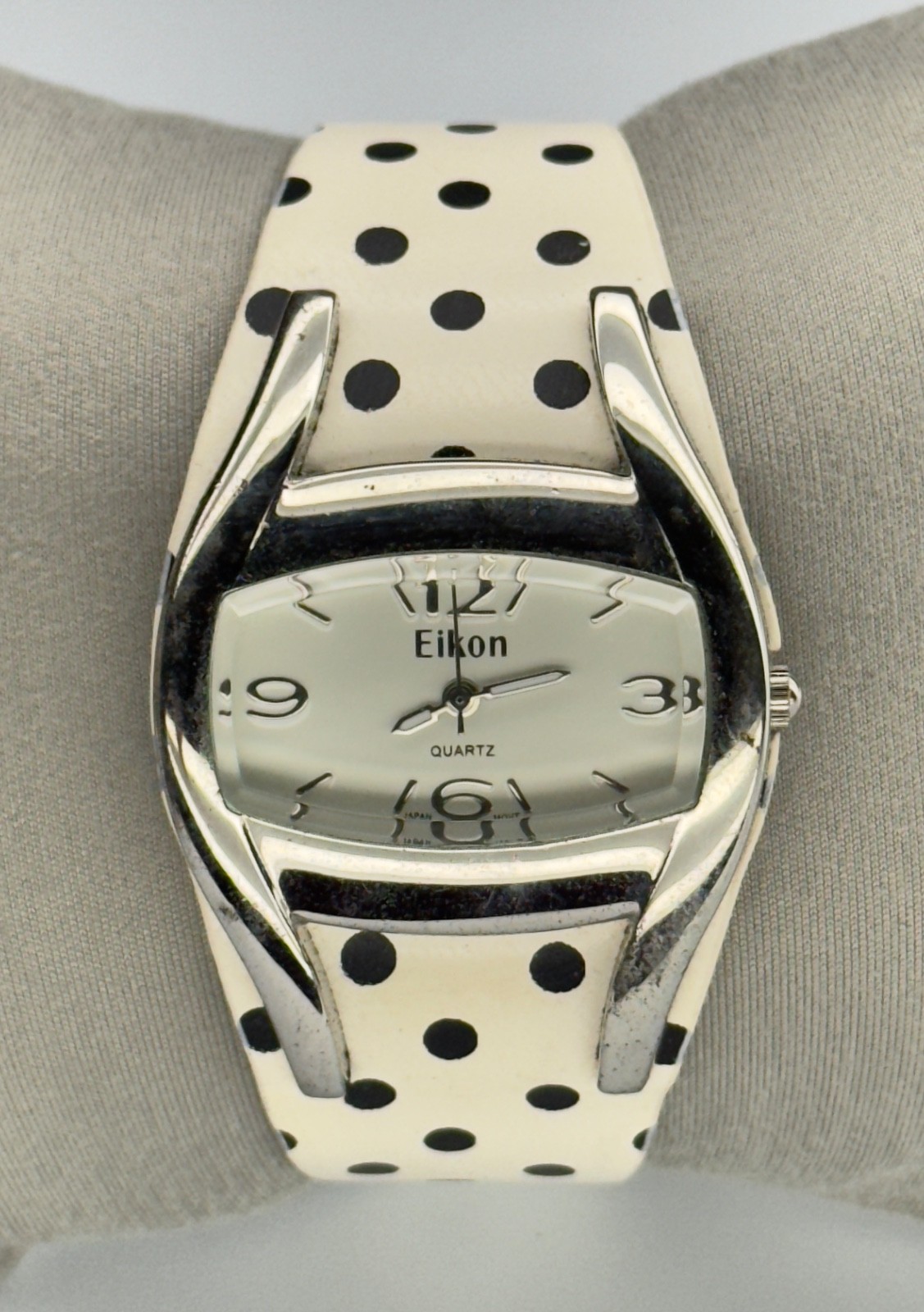 Women’s Eikon Quartz Wristwatch White Black Polka Dot Band Analog Silver Accents