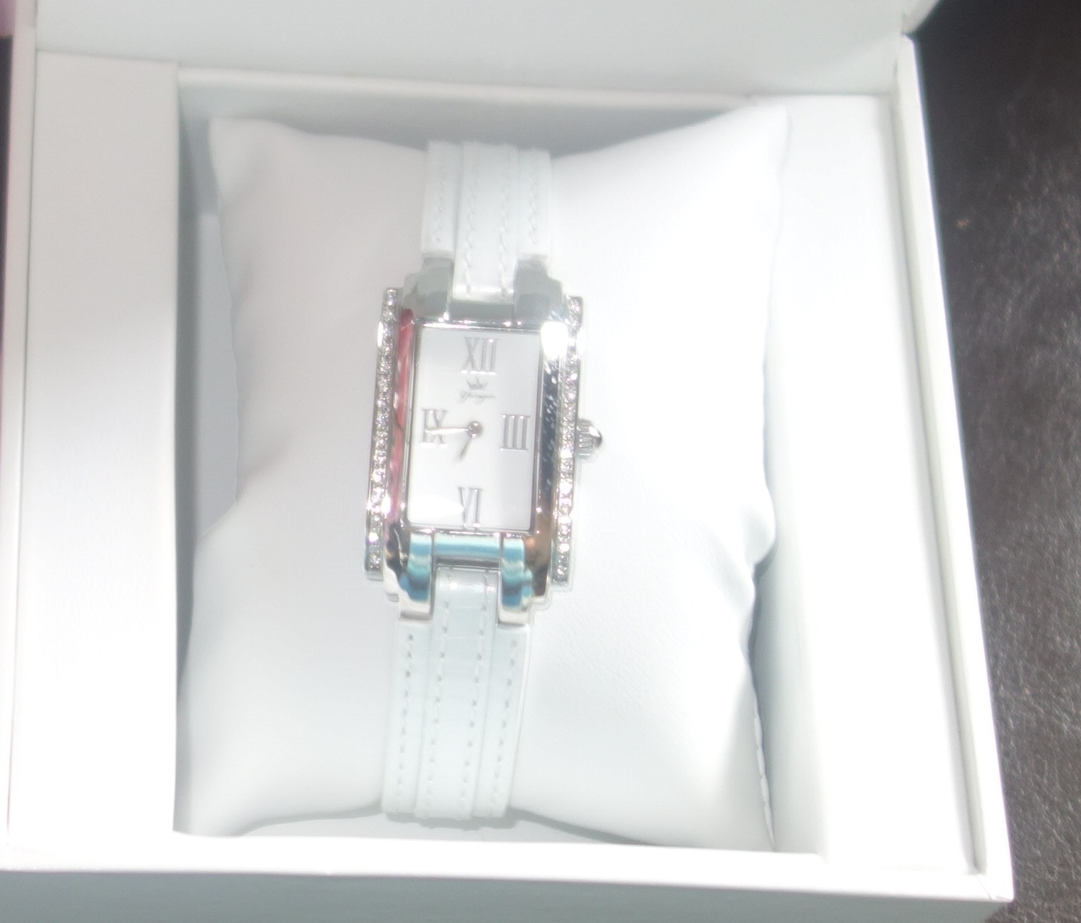 Yonger and Bresson Rectangle White Leather Crystal Watch DCC 1477/02 new