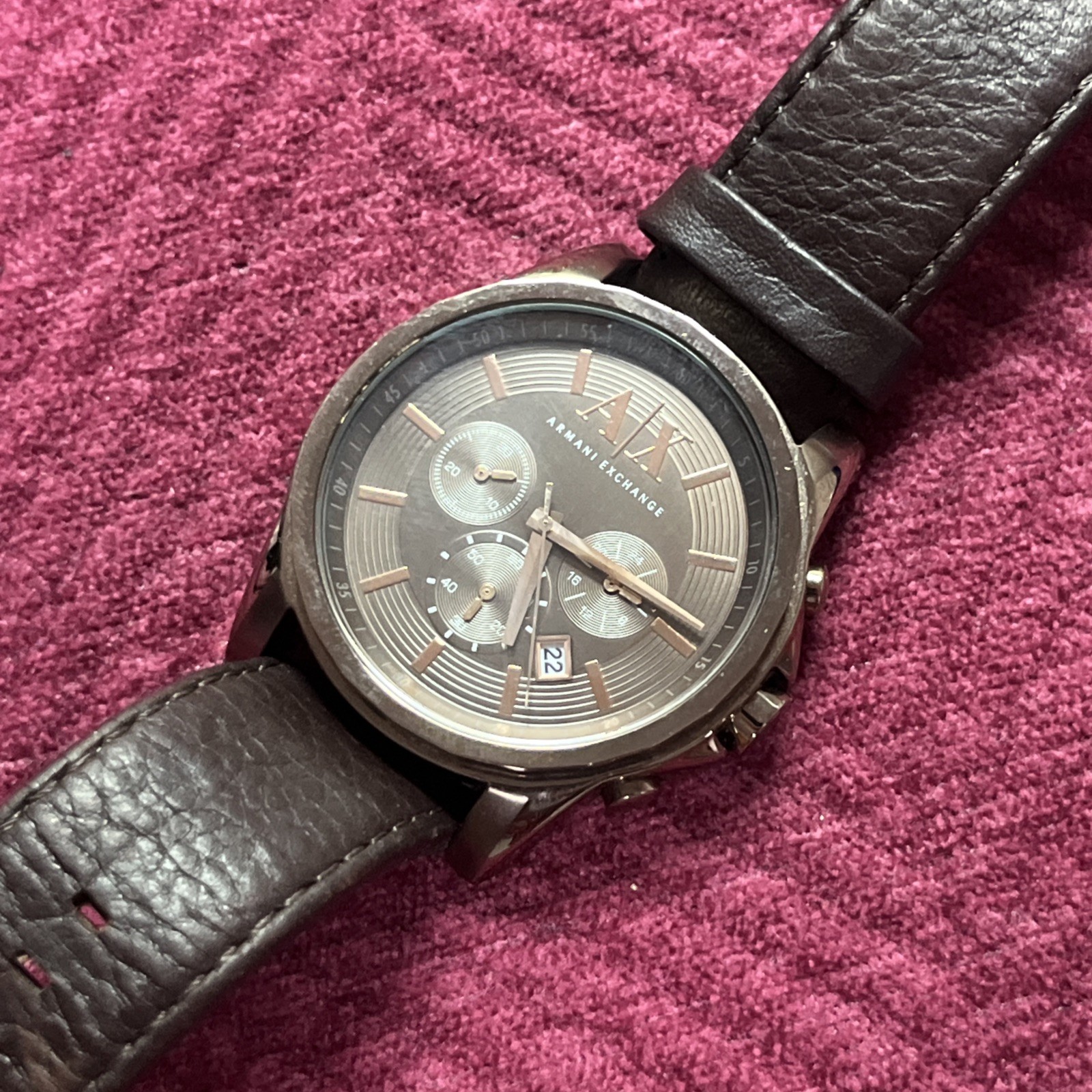 Watch Chronograph Dark Brown Leather Strap 45mm Ax2090