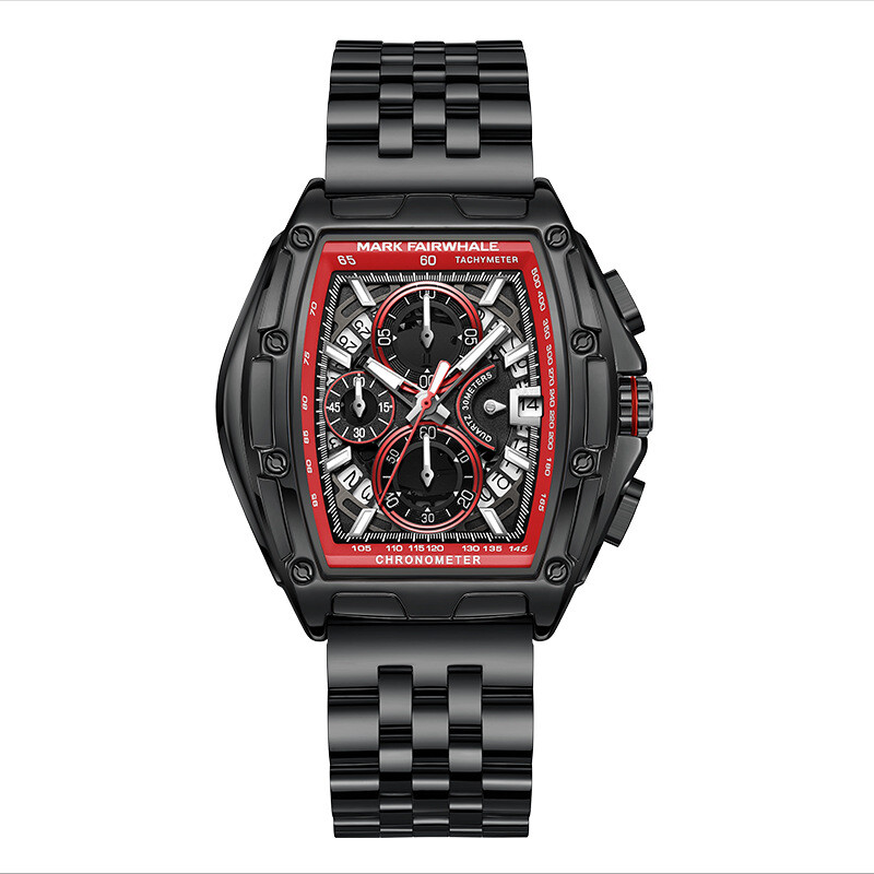 MARK FAIRWHALE Tonneau Multifunction Chronograph Calendar Luminous Quartz Watch