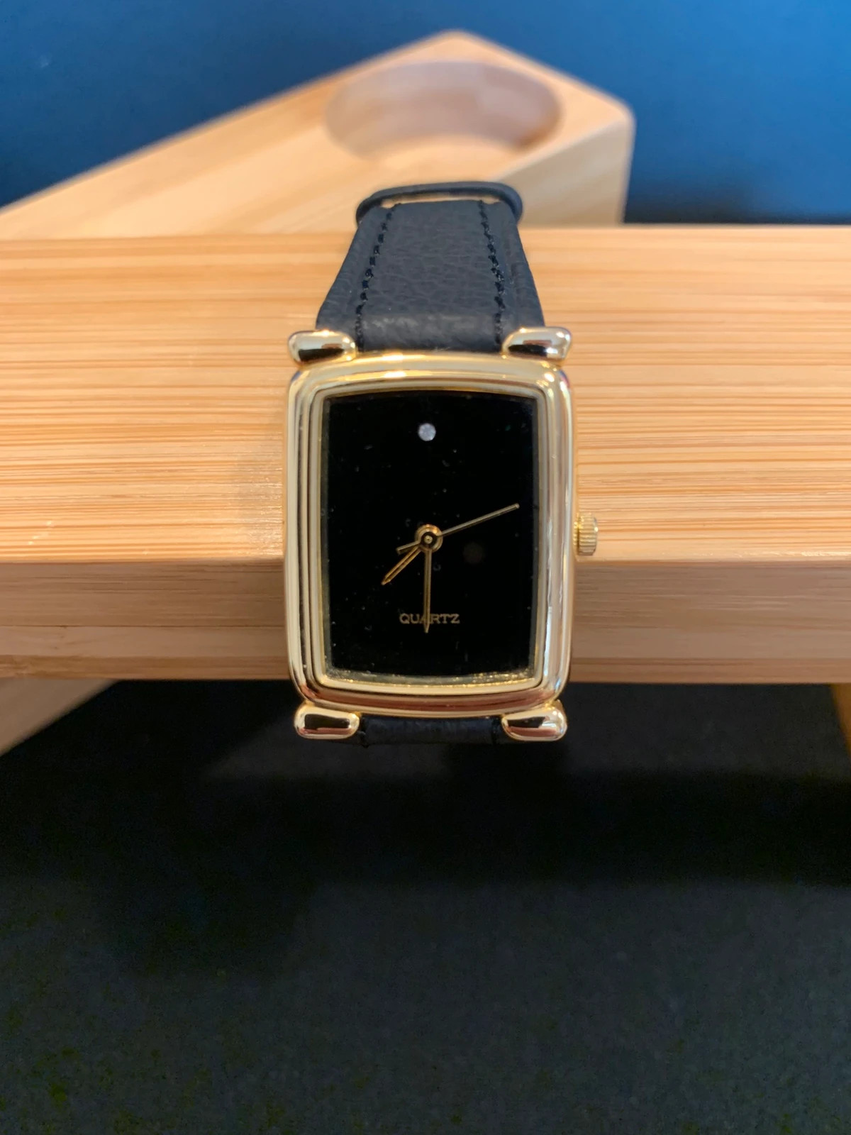 Tank Style Rectangular Ladies Watch Black Dial Gold Tone New Leather Strap