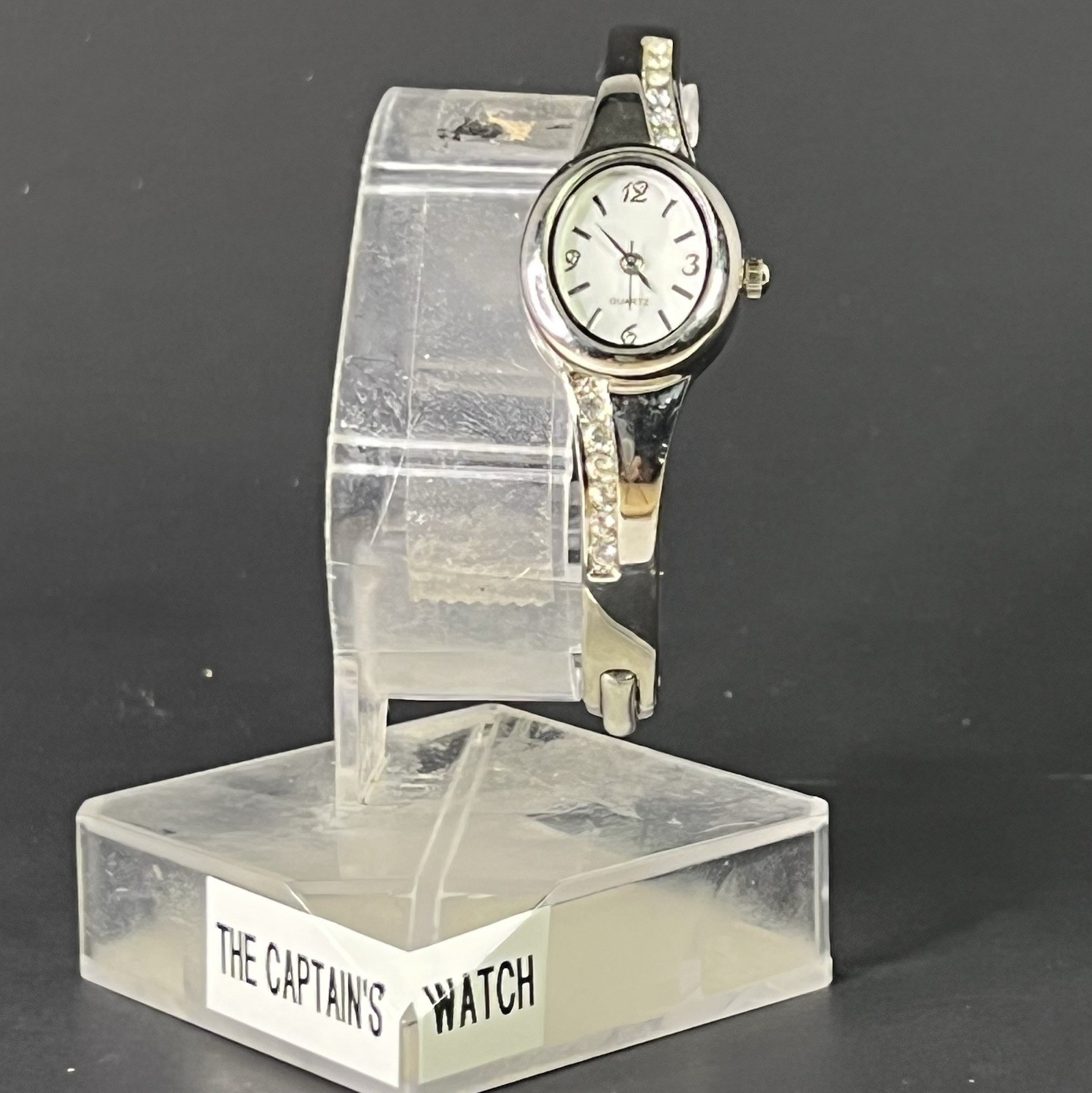 28mm Silver Case Watch White Dial Crystal Accents Latched Solid Silver Bracelet