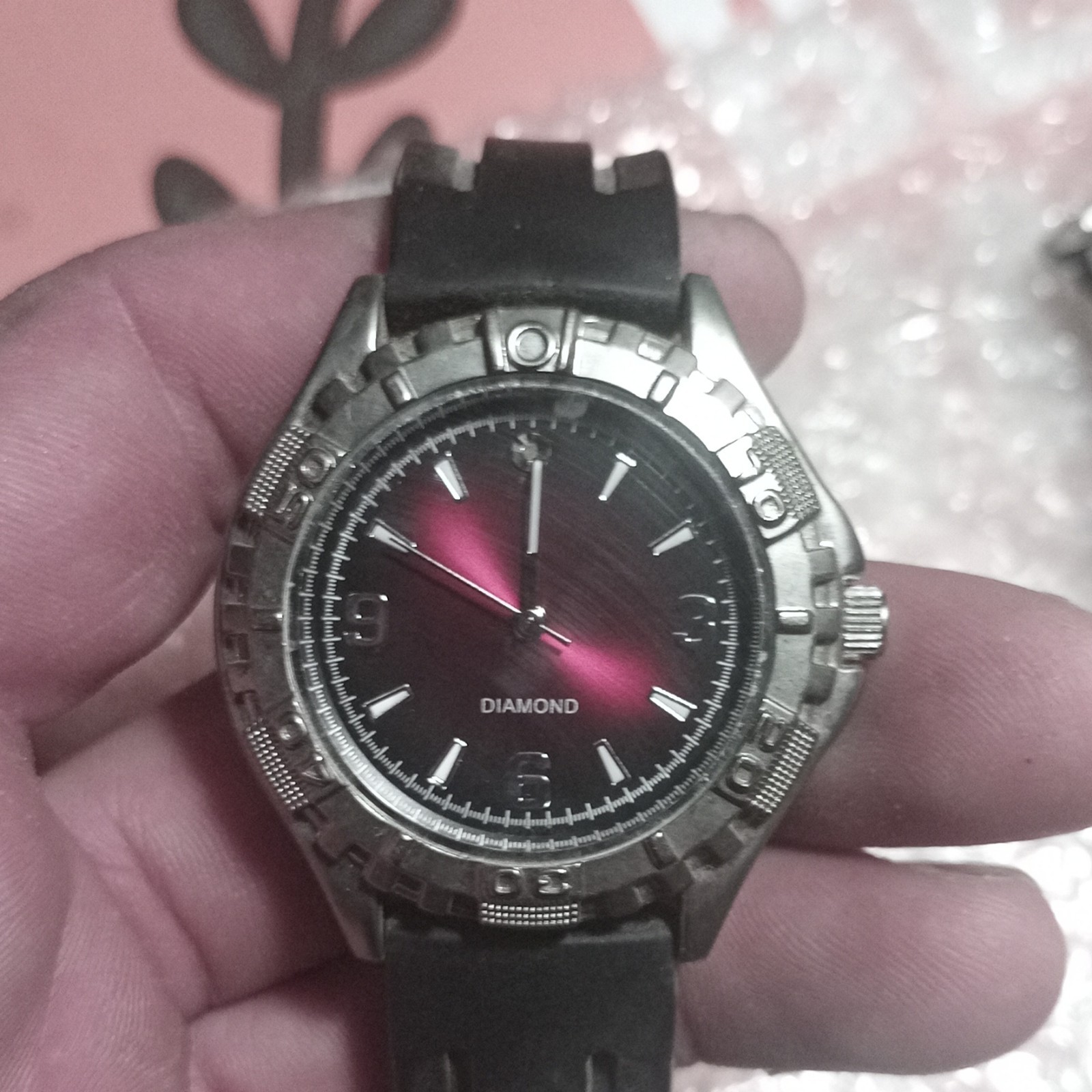 FMD Diamond Men’s Quartz Analog Watch Black/Pink Dial Silver SS 37mm 3 ATM