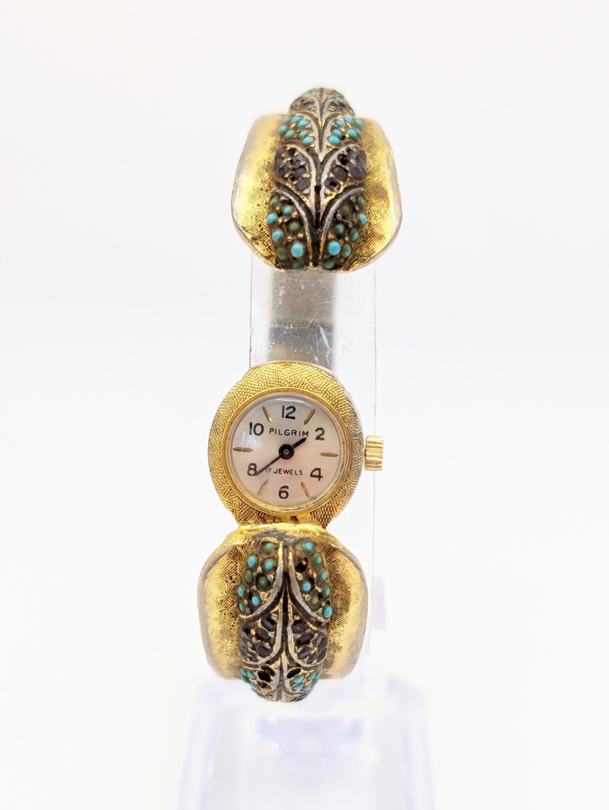 Vintage Pilgrim Hidden Dial Womens Watch Gold Tone 17 Jewels Hinged Keeps Time