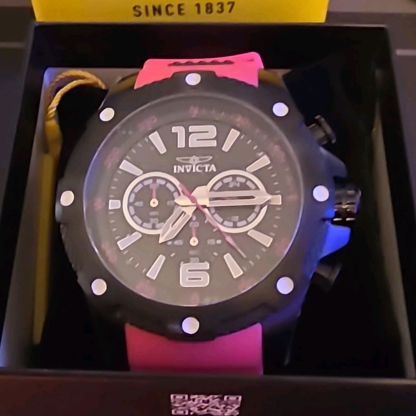 Invicta Chronograph Quartz Analog Watch Black Dial Pink Silicone Strap w/ Box