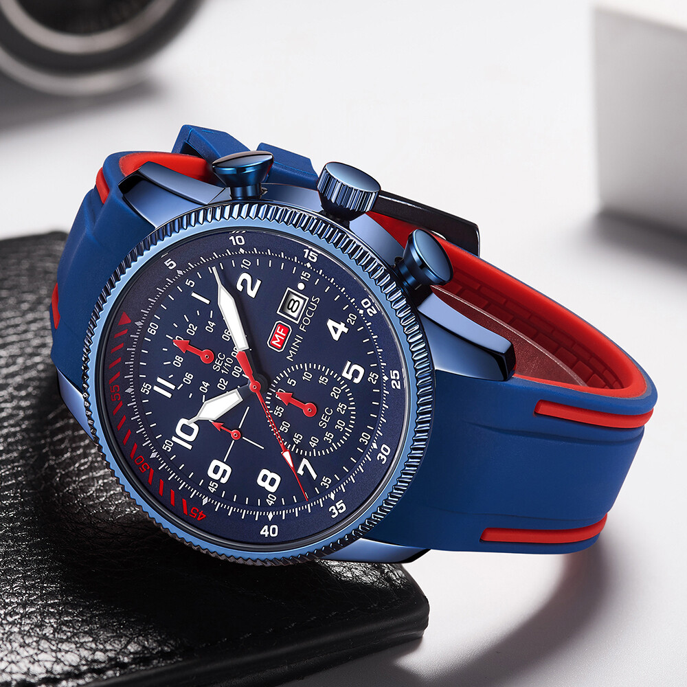 MINI FOCUS Men Quartz Watch Chronograph Wristwatch Luminous Silicone Males Watch