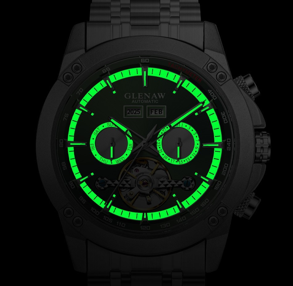 GLENAW men’s automatic mechanical watch skeleton calendar dial luminous hands