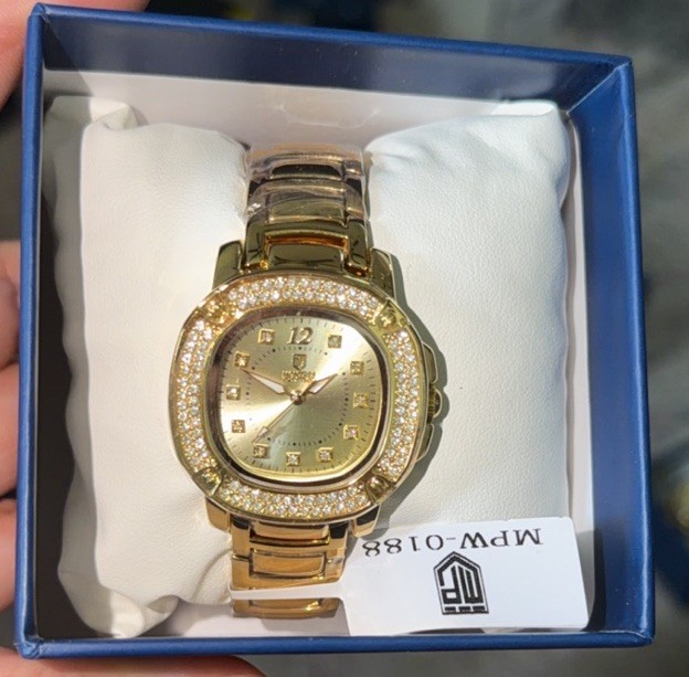 Montres Prestige Women’s Quartz Gold-Tone Gem-Set Bezel Bracelet Watch, Box