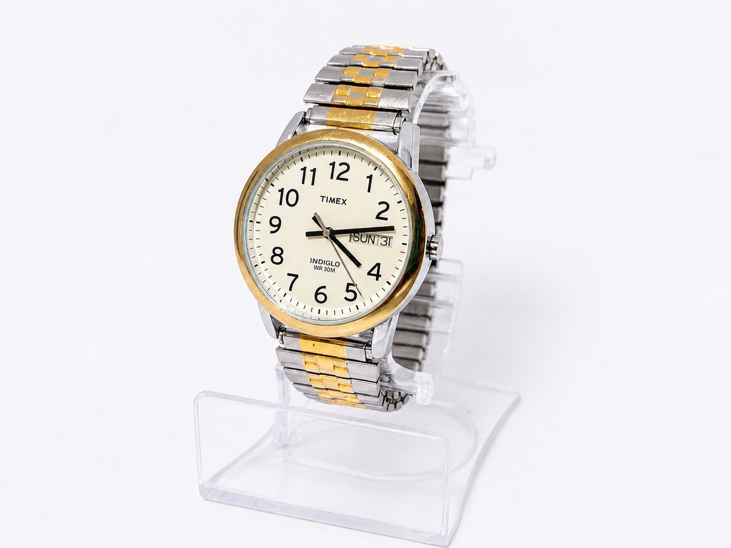 Timex Easy Reader Indigo Stretch Band Gold Silver Quartz Crème Face NEW BATTERY