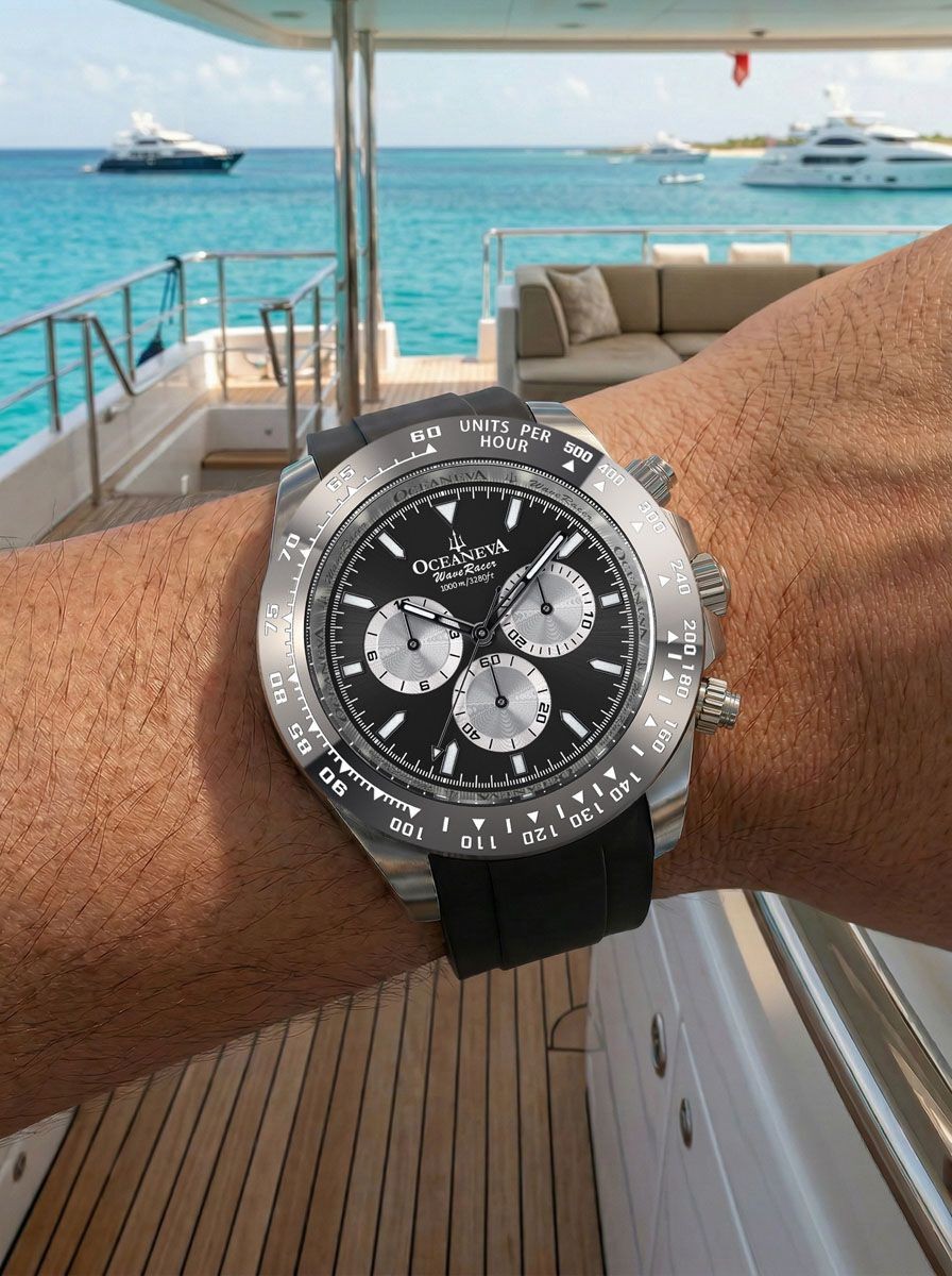 Oceaneva WaveRacer 1000M Black Silver – Grade 5 Titanium Automatic Chronograph