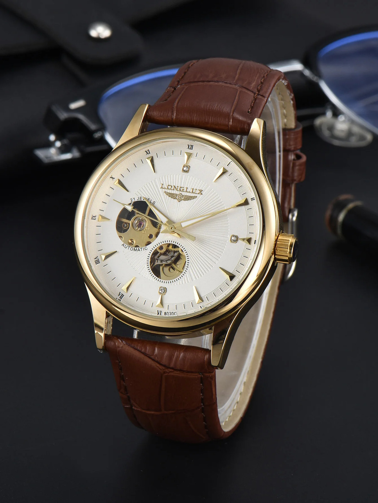 LONGLUX Men’s Automatic Skeleton Watch Roman Numerals Leather Waterproof