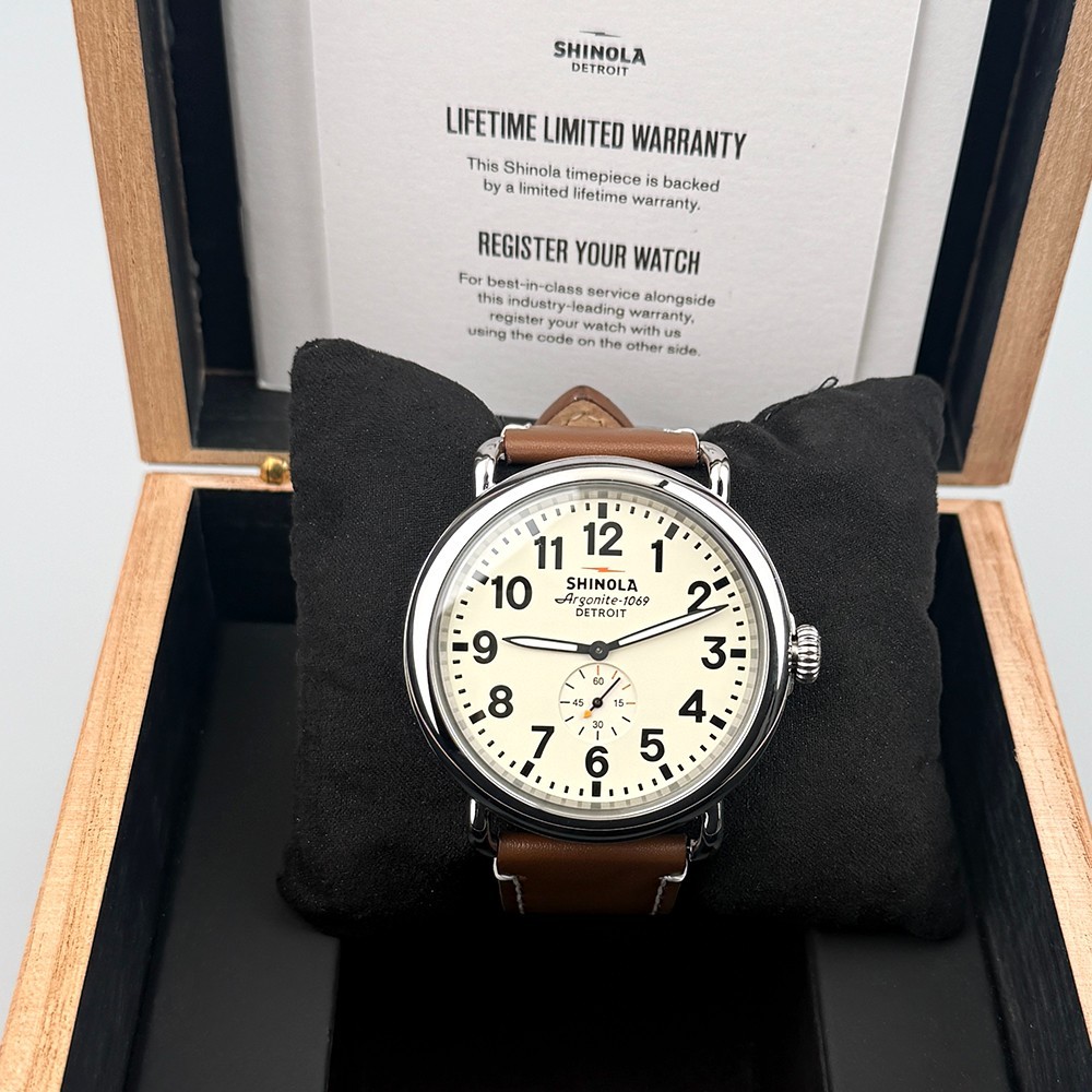 Men’s Shinola Runwell Argonite 1069 Cream Dial Brown Strap Quartz Watch 47mm