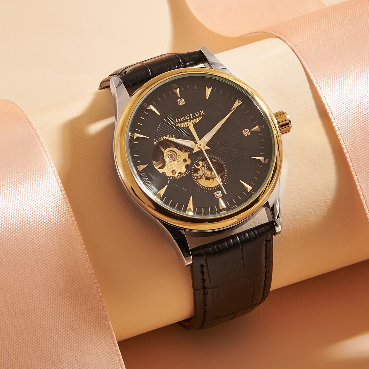 LONGLUX Men’s Automatic Skeleton Watch Roman Numerals Leather Waterproof