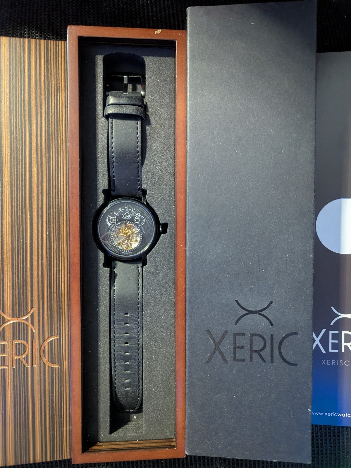 Xeric Automatic Wristwatch Black Leather Band Exhibition Caseback Box Booklet