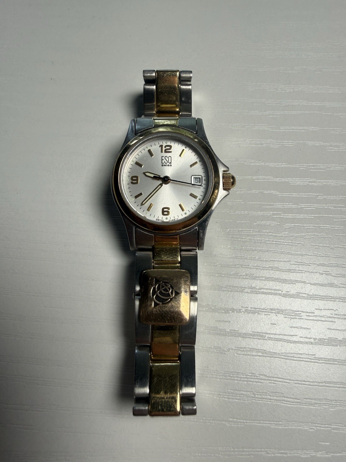 ESQ by Movado Swiss Quartz Women’s Watch E1487 Two Tone Date White Dial WORKING