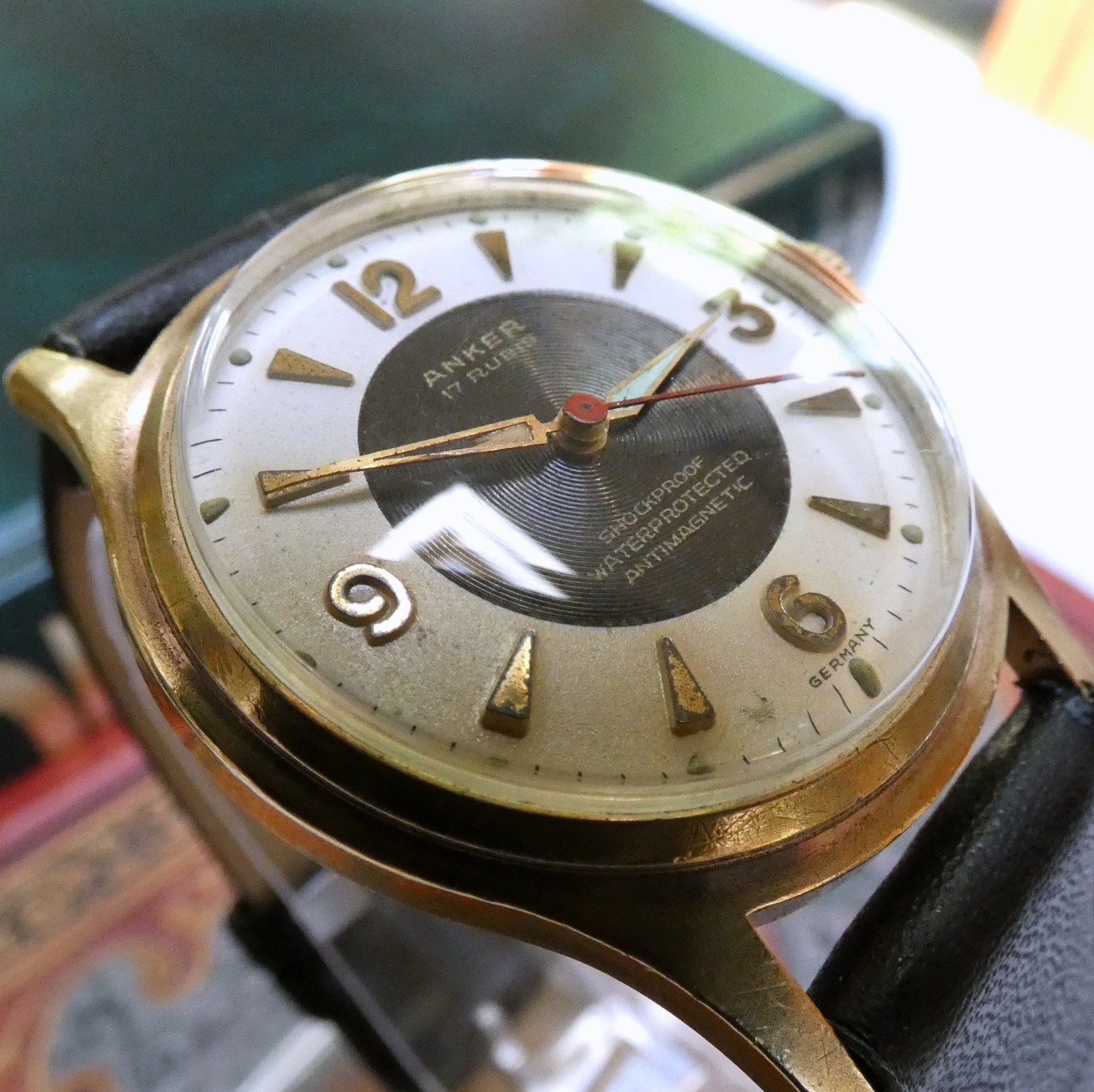 Vintage ANKER 1950s Reverse Tuxedo Bullseye Dial 17J Mechanical Gold Plated 33mm