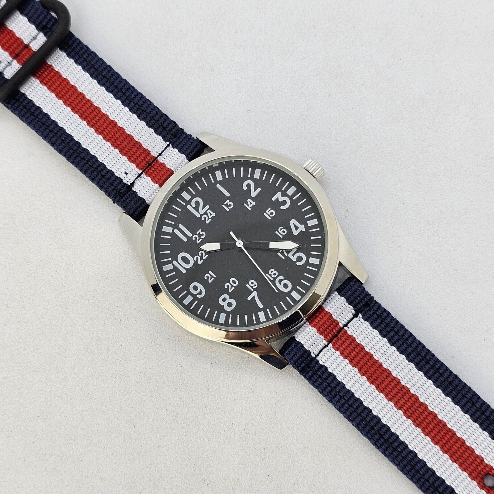 Men’s Field Military Watch 42MM Black Dial Blue White Red Canvas Band Straps