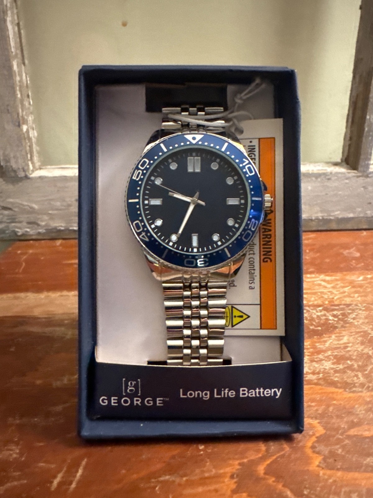 George Men’s Round Silver Analog Watch Blue Bezel Black Dial Metal Band